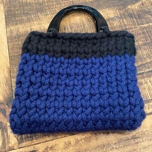 Handmade Chrochet Chunky Two-Tone Black and Blue Purse with Black Handles